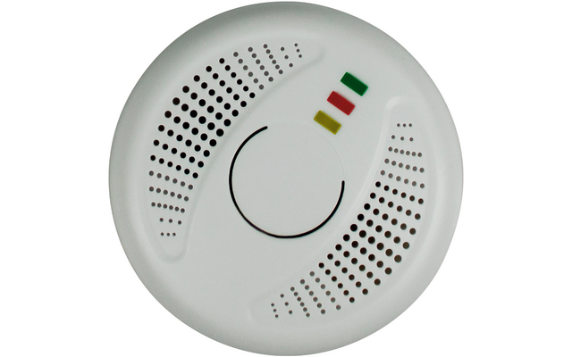 Runder weißer Rauchmelder mit Lüftungsschlitzen, Statuslampen und Testtaste