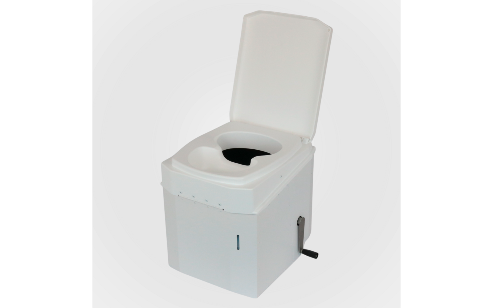 Weißes tragbares Toilettenbecken aus Kunststoff mit offenem Deckel und Handkurbel an der Seite