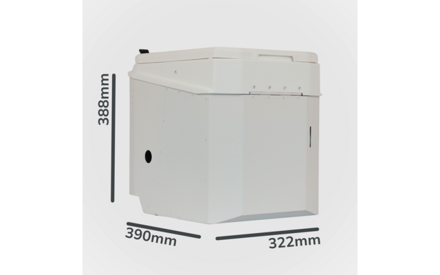 Weißes rechteckiges Objekt mit aufgesetztem Deckel, rundem Loch an der Seite und Maßangaben: 388 mm (H), 390 mm und 322 mm (Basis)