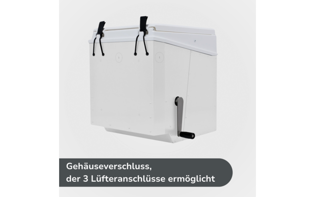 Weißes rechteckiges Gehäuse mit Deckel, zwei schwarzen Riemen oben, Handkurbel an der rechten Seite, grauer Hintergrund und grauer Balken unten mit deutscher Textzeile