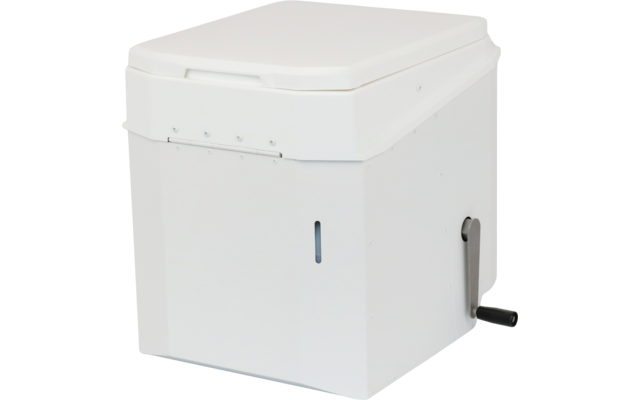 Weißes rechteckiges Gehäuse mit flachem Deckel, kleiner Schlitz an der Vorderseite und Kurbel an der rechten Seite