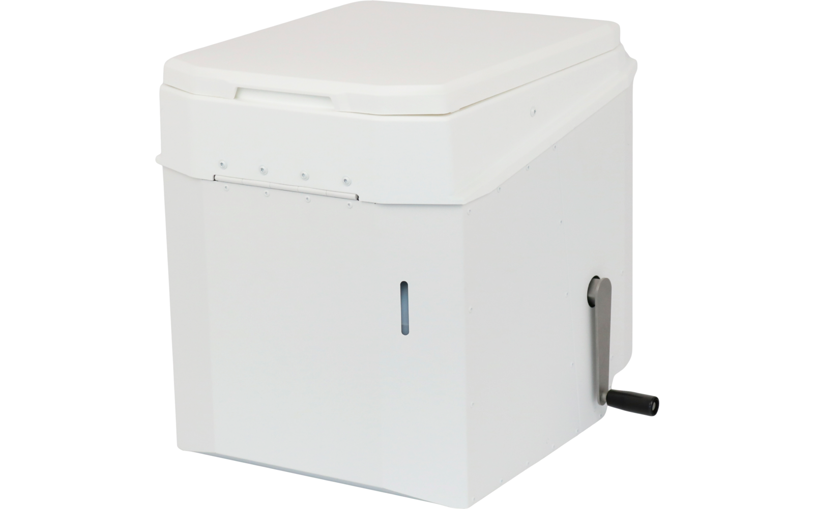 Weißes rechteckiges Gehäuse mit flachem Deckel, kleiner Schlitz an der Vorderseite und Kurbel an der rechten Seite