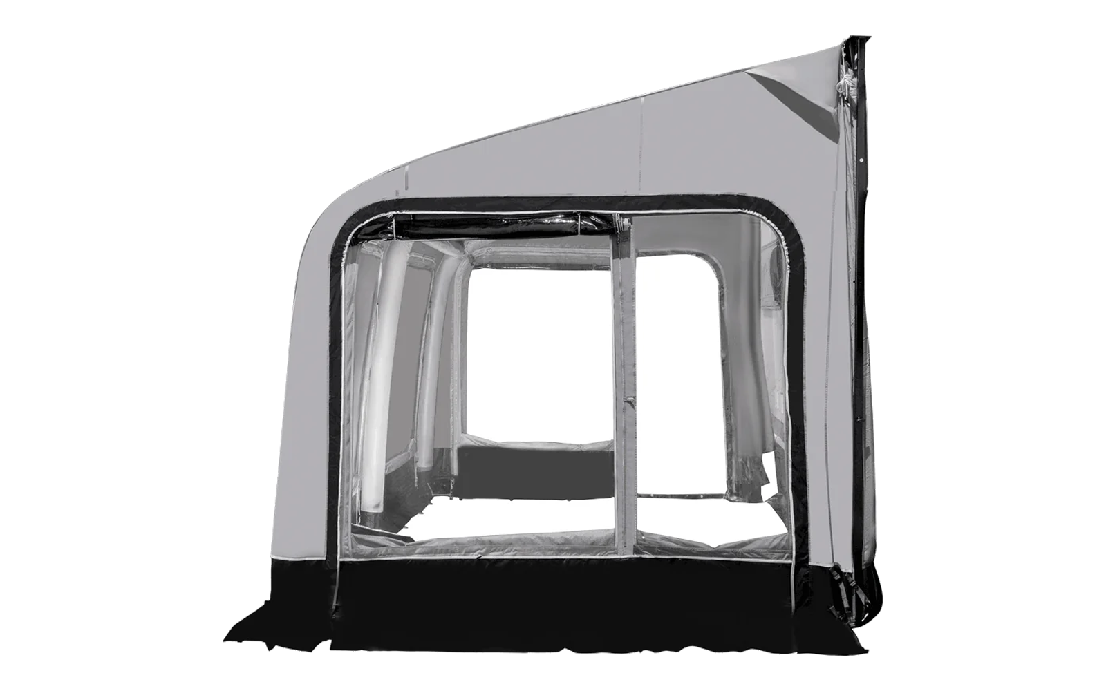 Graue textile Struktur mit großen transparenten Fensterflächen, schwarzer Saum und rechteckige Frontöffnung auf weißem Hintergrund