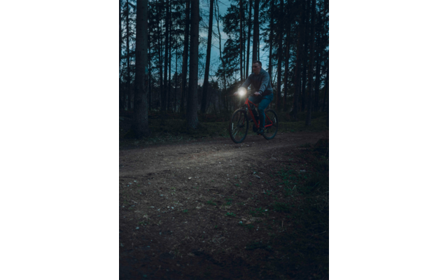 Person fährt mit Fahrrad im Wald bei Dämmerung, Lampe leuchtet