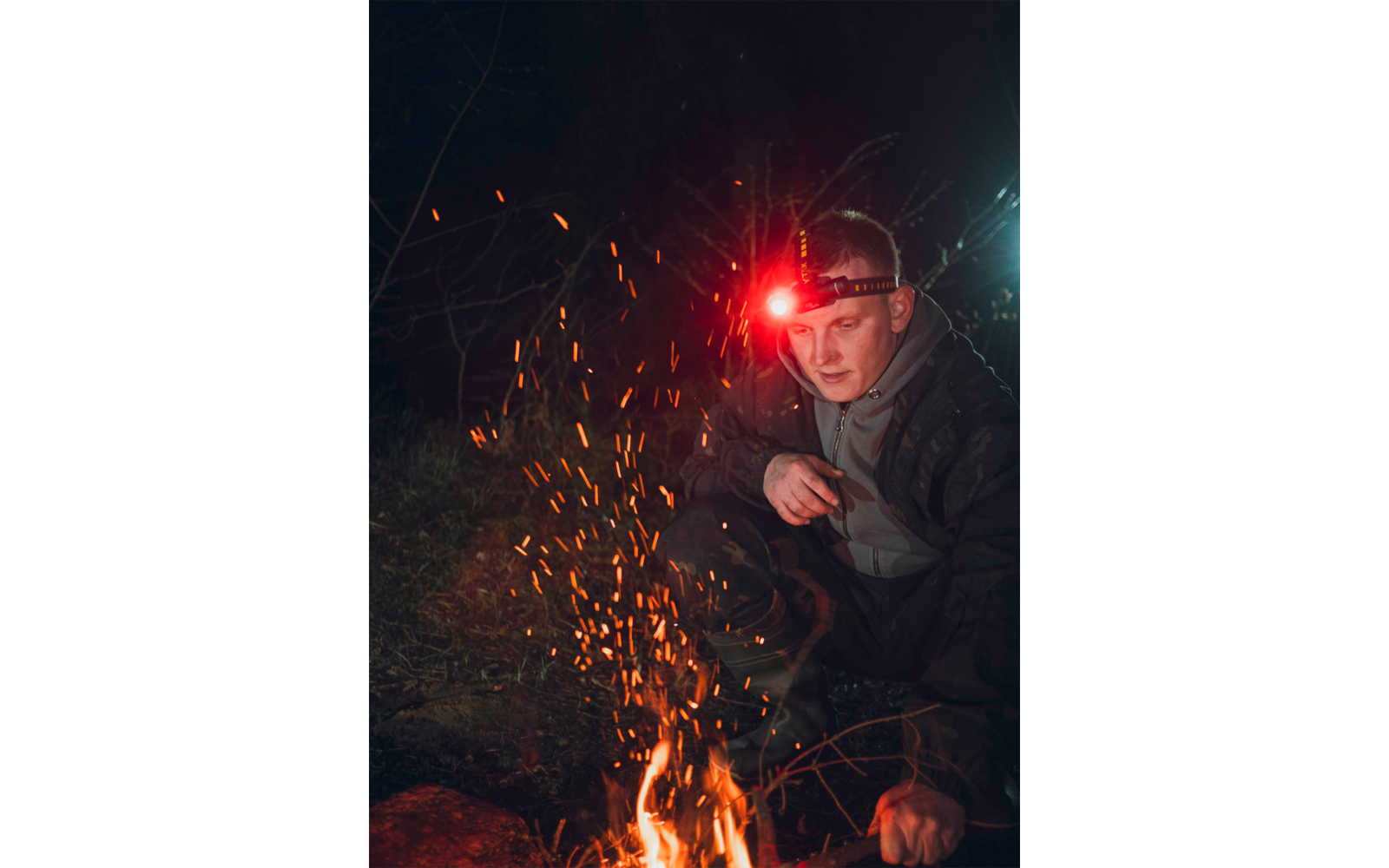 Person hockt neben einem Lagerfeuer mit Funkenflug nachts