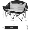 Chaise de camping pliante noire avec assise grise, dimensions et taille emballée affichées