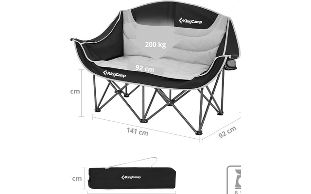 Chaise de camping pliante noire avec assise grise, dimensions et taille emballée affichées
