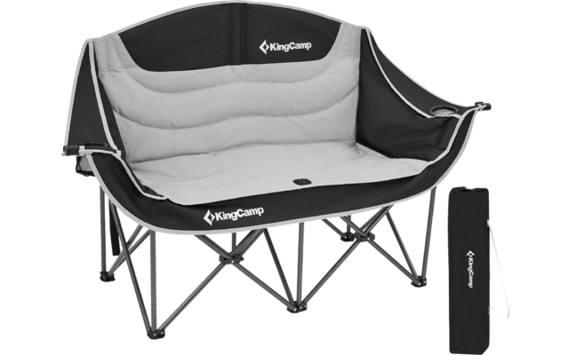 Chaise de camping pliable noire et grise avec dossier rembourré et sac de transport