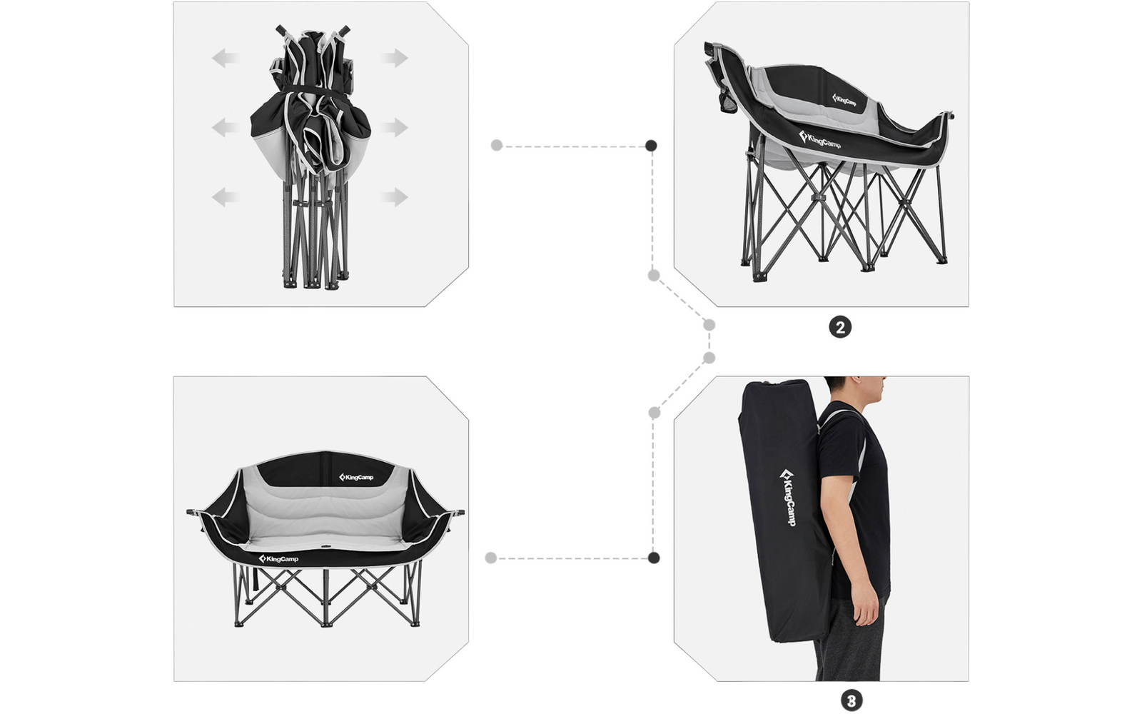 Trois illustrations détaillées montrent un vêtement noir sous différents angles avec des informations sur les tailles