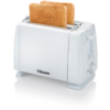 Weißer Toaster mit zwei goldbraunen Toastscheiben in den Schlitzen, Markenname "Tristar" auf der Vorderseite, seitlicher Drehregler