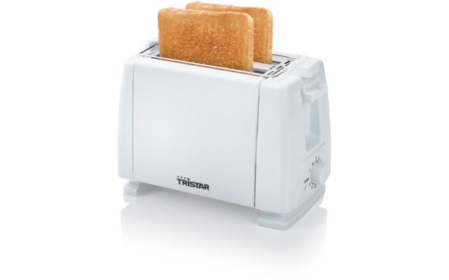 Weißer Toaster mit zwei goldbraunen Toastscheiben in den Schlitzen, Markenname "Tristar" auf der Vorderseite, seitlicher Drehregler