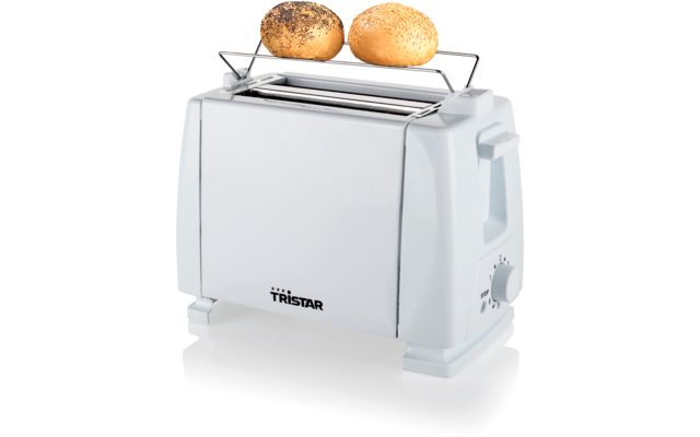 Weißer Toaster mit zwei Brötchen auf einem Metallwärmegitter oben, Markenname Tristar vorne sichtbar