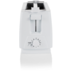Weißer Toaster von vorn, zwei obere Schlitze sichtbar, Fronthebel und Einstellrad mit Zahlen 1–6 und "STOP"
