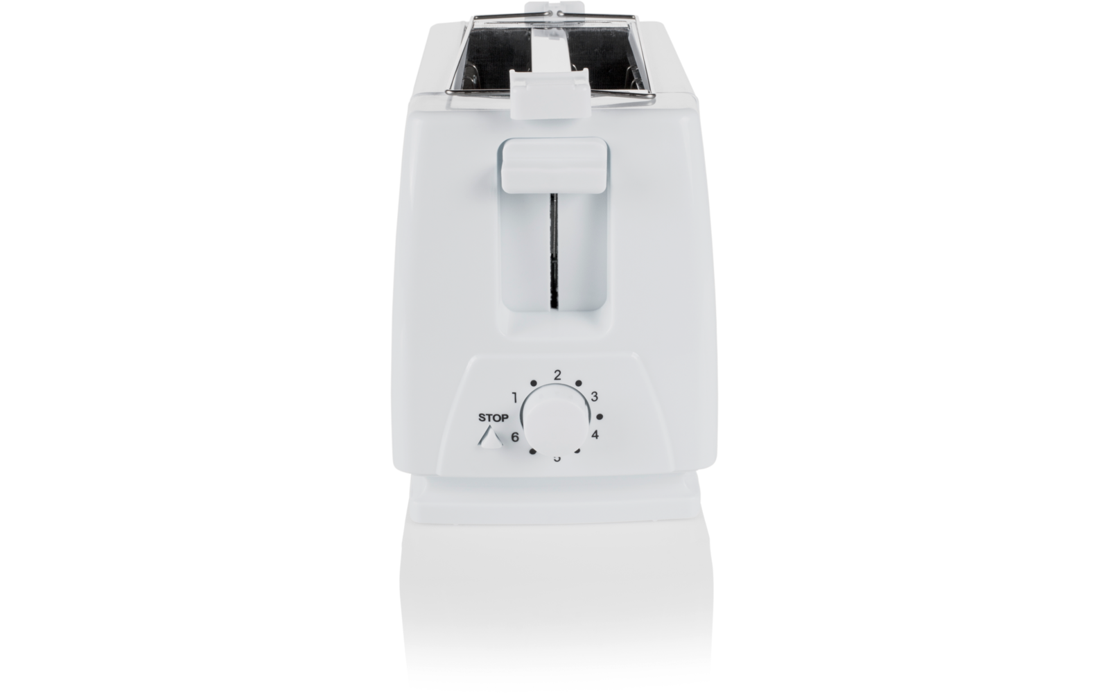 Weißer Toaster von vorn, zwei obere Schlitze sichtbar, Fronthebel und Einstellrad mit Zahlen 1–6 und "STOP"
