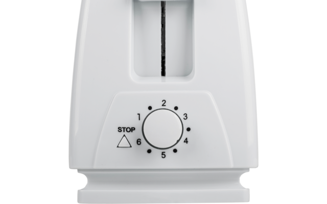 Weiße Front eines Geräts mit vertikalem Schlitz oben, darunter runder Drehknopf mit den Zahlen 1 bis 6 im Kreis und einem Dreieck mit der Aufschrift "STOP"
