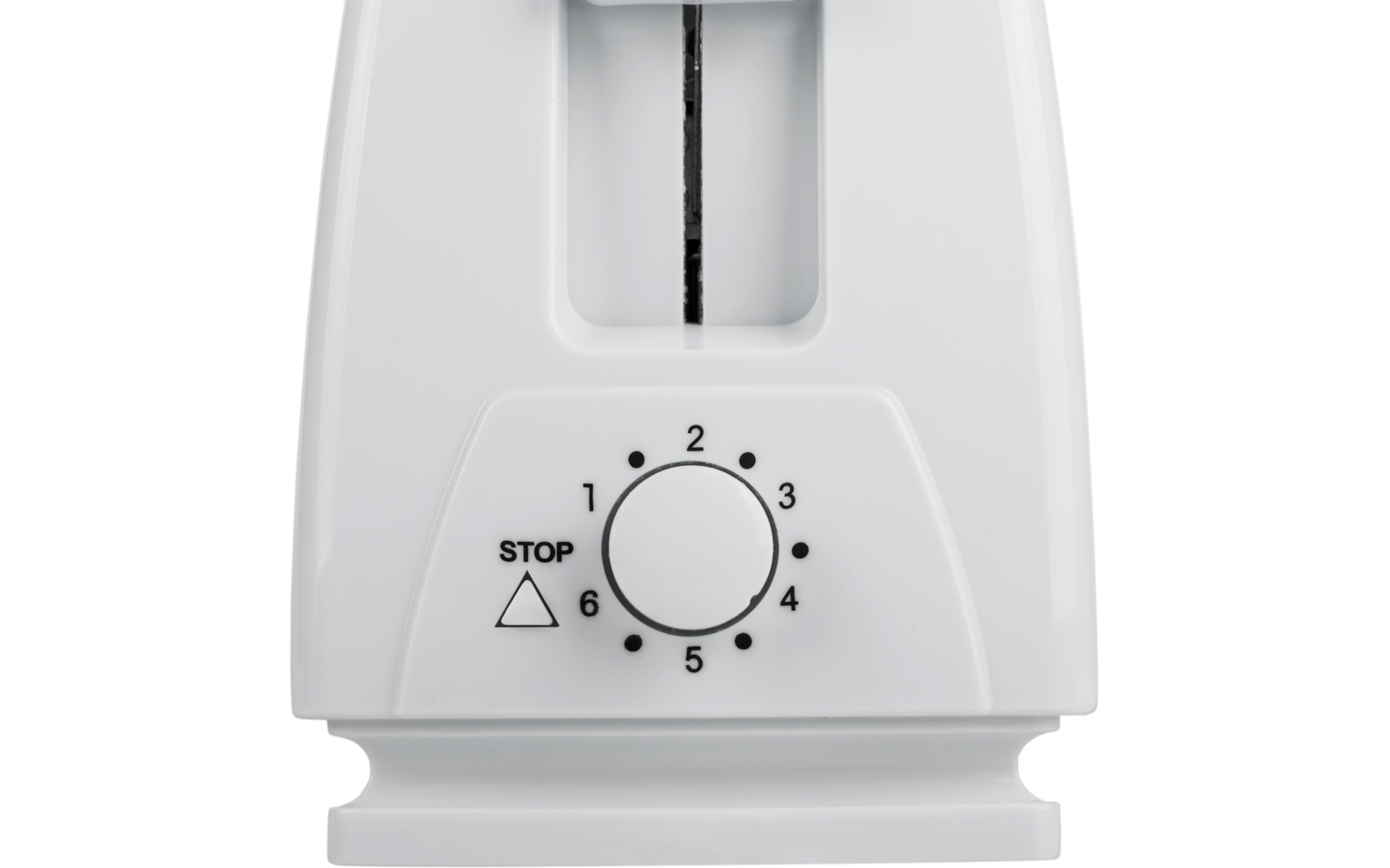Weiße Front eines Geräts mit vertikalem Schlitz oben, darunter runder Drehknopf mit den Zahlen 1 bis 6 im Kreis und einem Dreieck mit der Aufschrift "STOP"