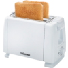 Witte broodrooster met twee goudbruine sneetjes brood in de sleuven, "Tristar" logo op de voorkant, draaiknop aan de zijkant