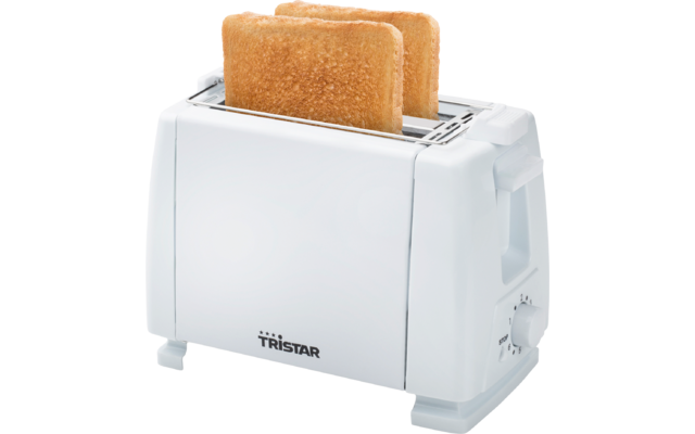 Witte broodrooster met twee goudbruine sneetjes brood in de sleuven, "Tristar" logo op de voorkant, draaiknop aan de zijkant
