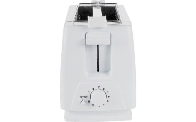 Witte broodrooster van voren, twee bovenste sleuven zichtbaar, voorste hendel en draaiknop met cijfers 1–6 en "STOP"