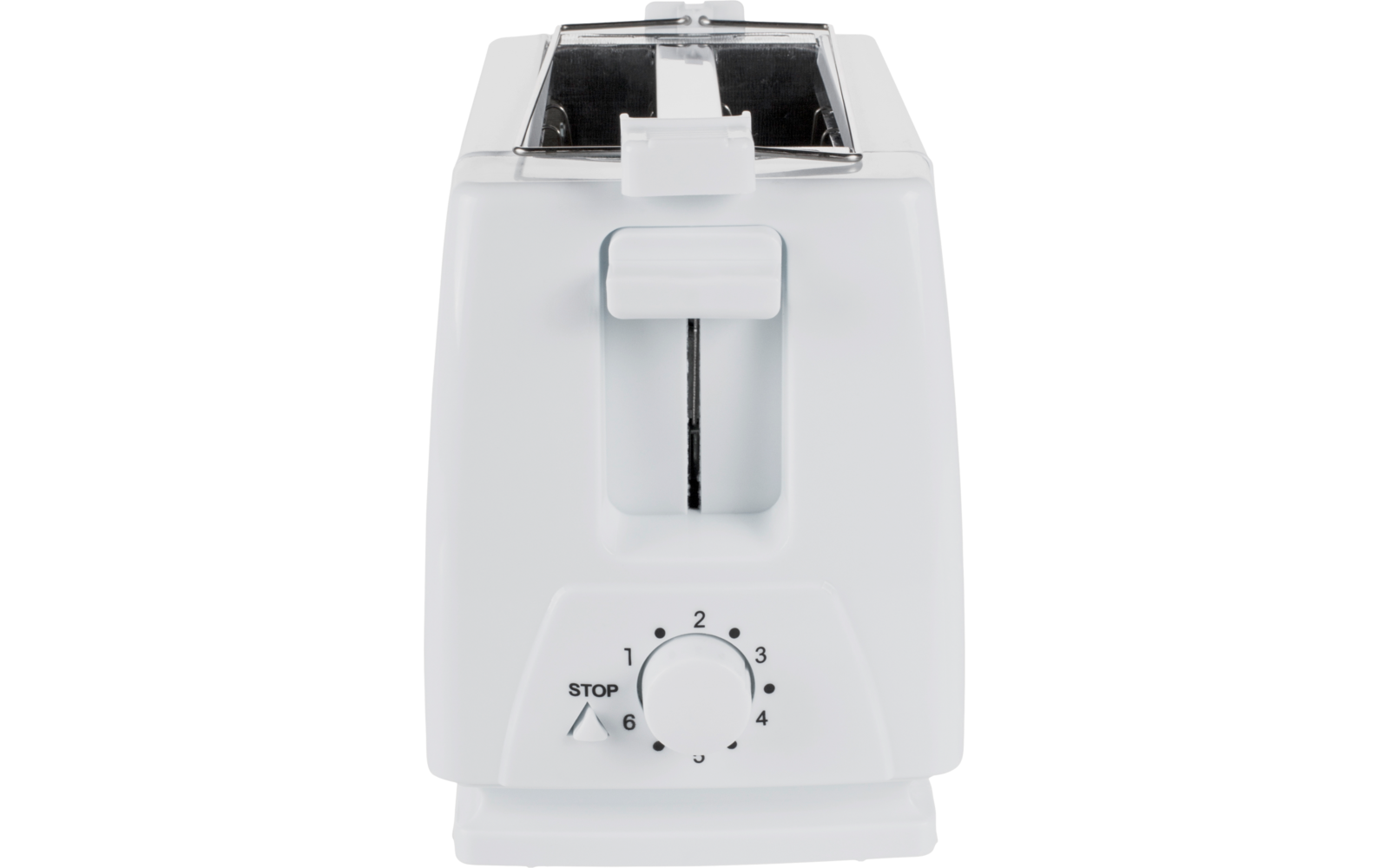 Witte broodrooster van voren, twee bovenste sleuven zichtbaar, voorste hendel en draaiknop met cijfers 1–6 en "STOP"