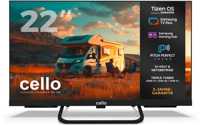 Flat-screen televisie met landschapsafbeelding: camper op gras voor een oranje bewolkte lucht, linksboven groot '22', linksonder 'cello'-tekst, rechterzijde zwart informatiepaneel met pictogrammen en teksten zoals 'Tizen OS', 'Samsung TV Plus', 'Pitch Perfect Sound' en '3-JAHRE-GARANTIE'