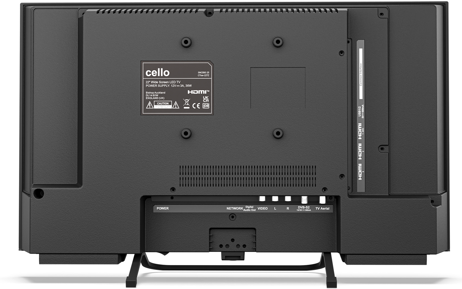 Achterkant van een flatscreen-tv met standaard, ventilatieopeningen, aansluitpaneel en fabrikantlabel 'cello'