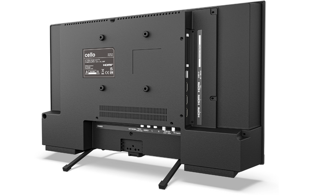 Achterzijde van een flat-screen tv met twee voetjes, aansluitpaneel (HDMI, USB, stroom) en fabrikantlabel