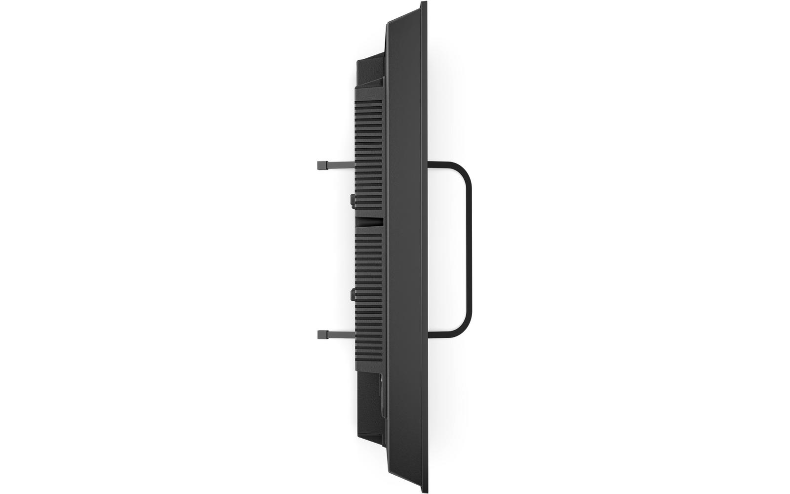 Zijaanzicht van een vlak zwart scherm. Achterzijde met horizontale ventilatiesleuven en ribben; links twee korte horizontale bevestigingen; rechts een gebogen zwarte standaard zichtbaar