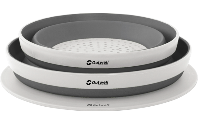 Zusammengefaltete weiße und graue runde Schüsseln aus Silikon in drei Größen