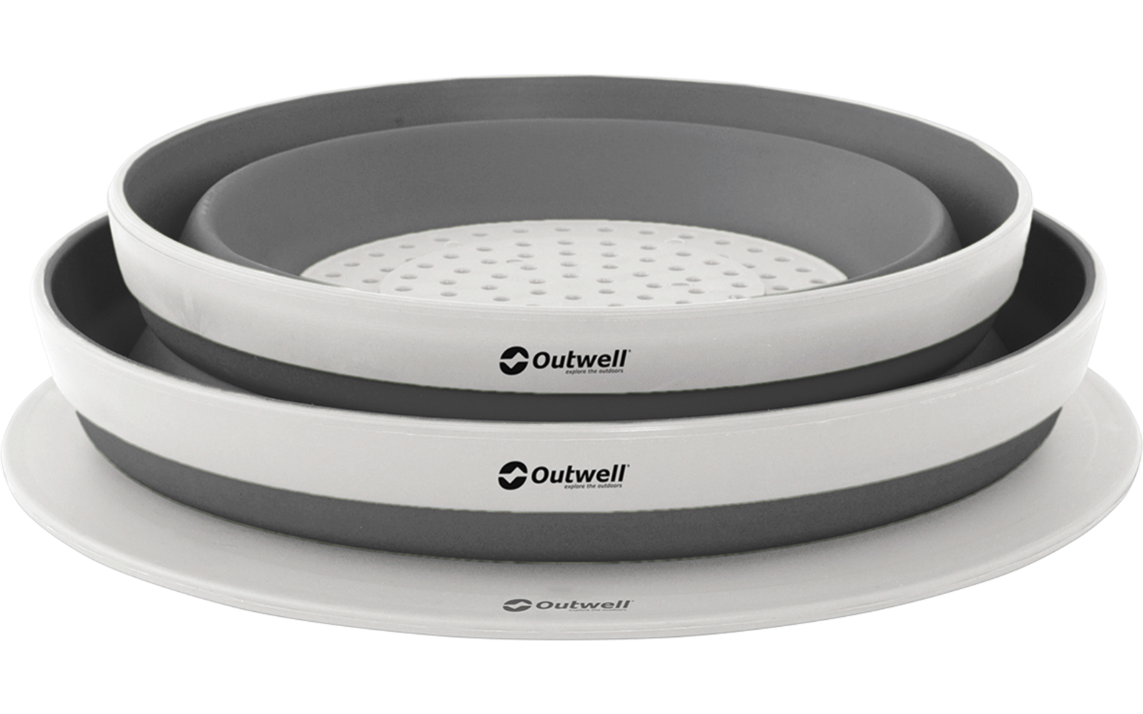 Zusammengefaltete weiße und graue runde Schüsseln aus Silikon in drei Größen