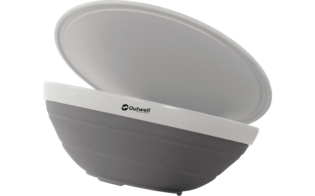 Halbrunde graue Schale mit weißem Deckel, der leicht geöffnet ist