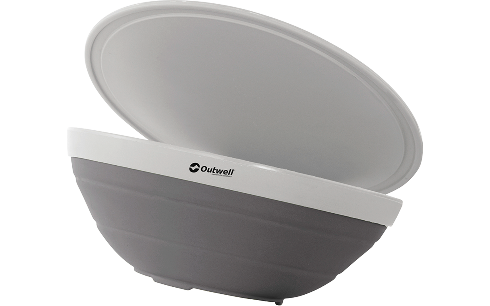 Halbrunde graue Schale mit weißem Deckel, der leicht geöffnet ist
