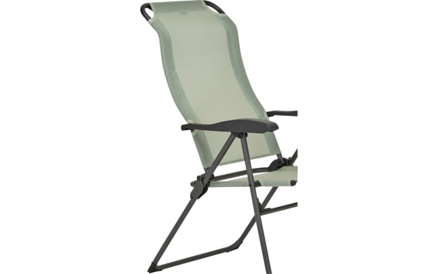 Chaise pliante verte avec structure en métal et accoudoirs