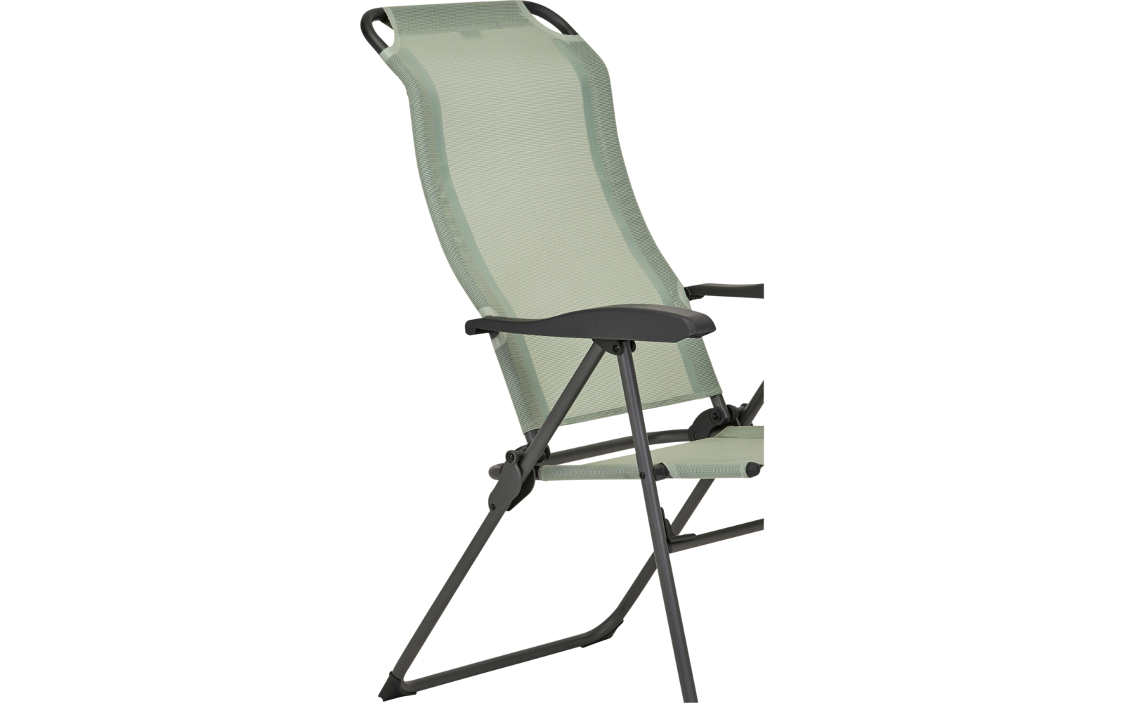 Chaise pliante verte avec structure en métal et accoudoirs