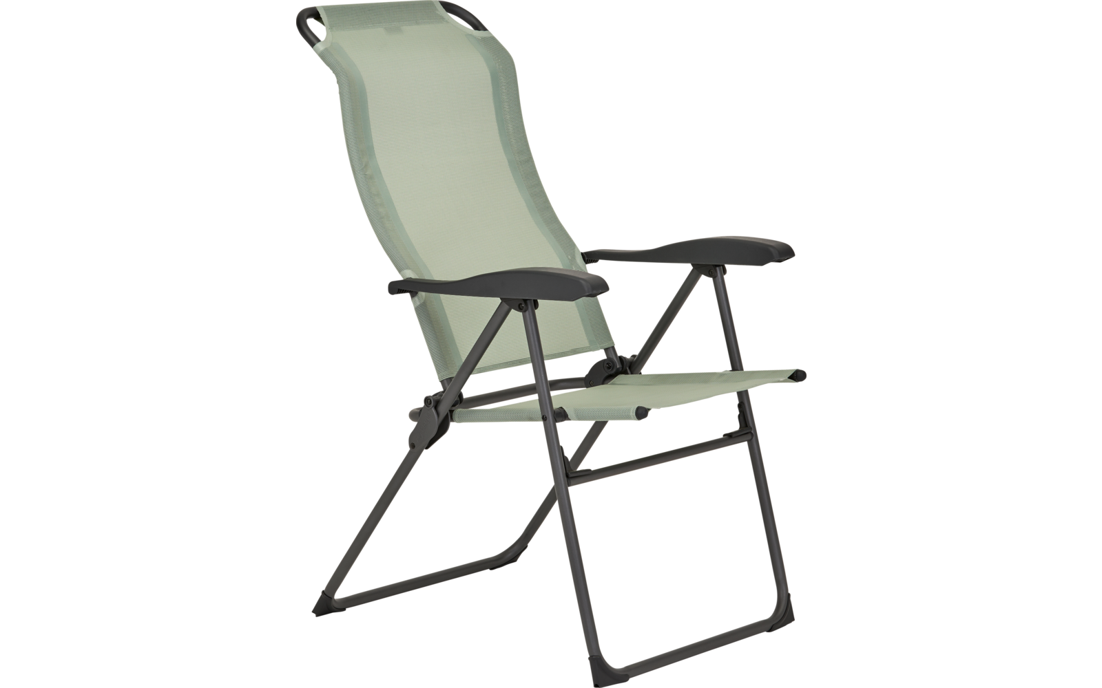 Chaise pliante verte avec structure en métal et accoudoirs