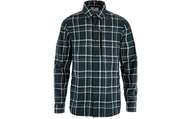 Donkerblauw geruit overhemd met lange mouwen, knoopsluiting en borstzak