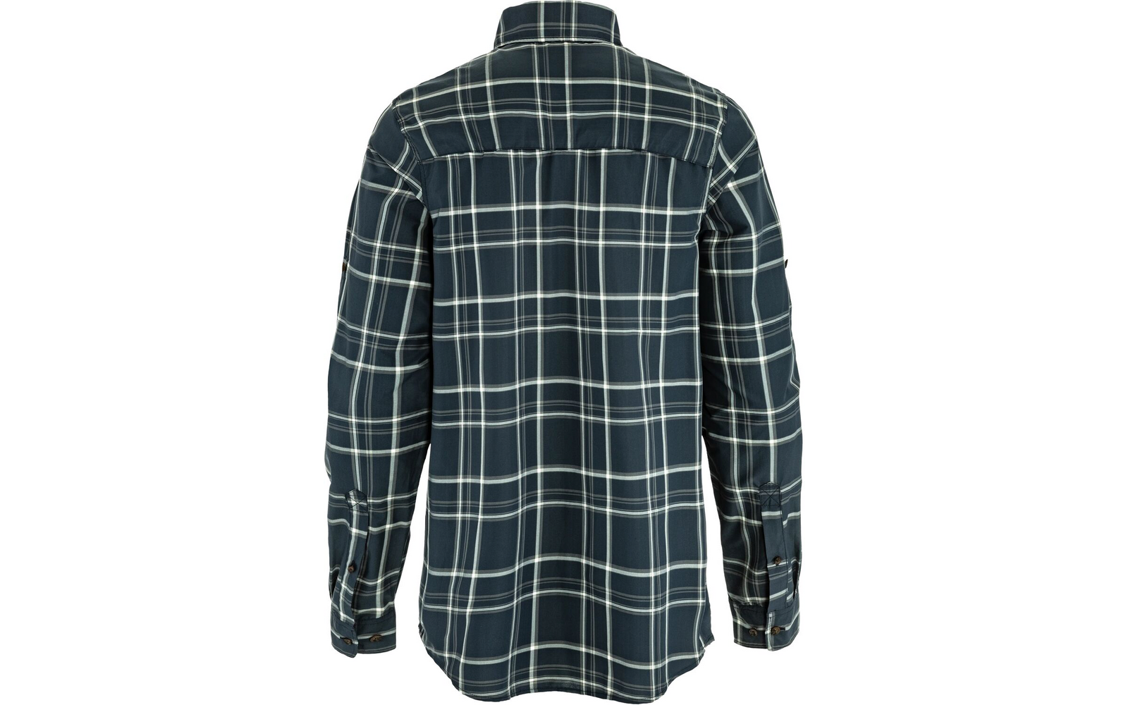 Achteraanzicht van een donkerblauw geruit overhemd met lange mouwen, wit ruitpatroon, rugpas en knoopmanchetten