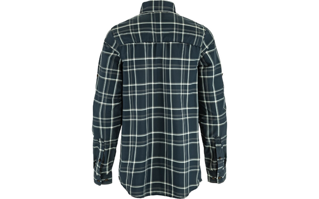Achteraanzicht van een donkerblauw geruit overhemd met lange mouwen, wit ruitpatroon, rugpas en knoopmanchetten