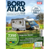 Magazintitel 'BORD ATLAS' mit Unterzeile 'STELLPLATZFÜHRER 2026', weißes Wohnmobil auf einer Straße vor unscharfem Hintergrund, grüner Kreis mit '7.350 WOHNMOBIL-STELLPLÄTZE', mehrere Textblöcke und kleines Smartphone-Bild unten rechts
