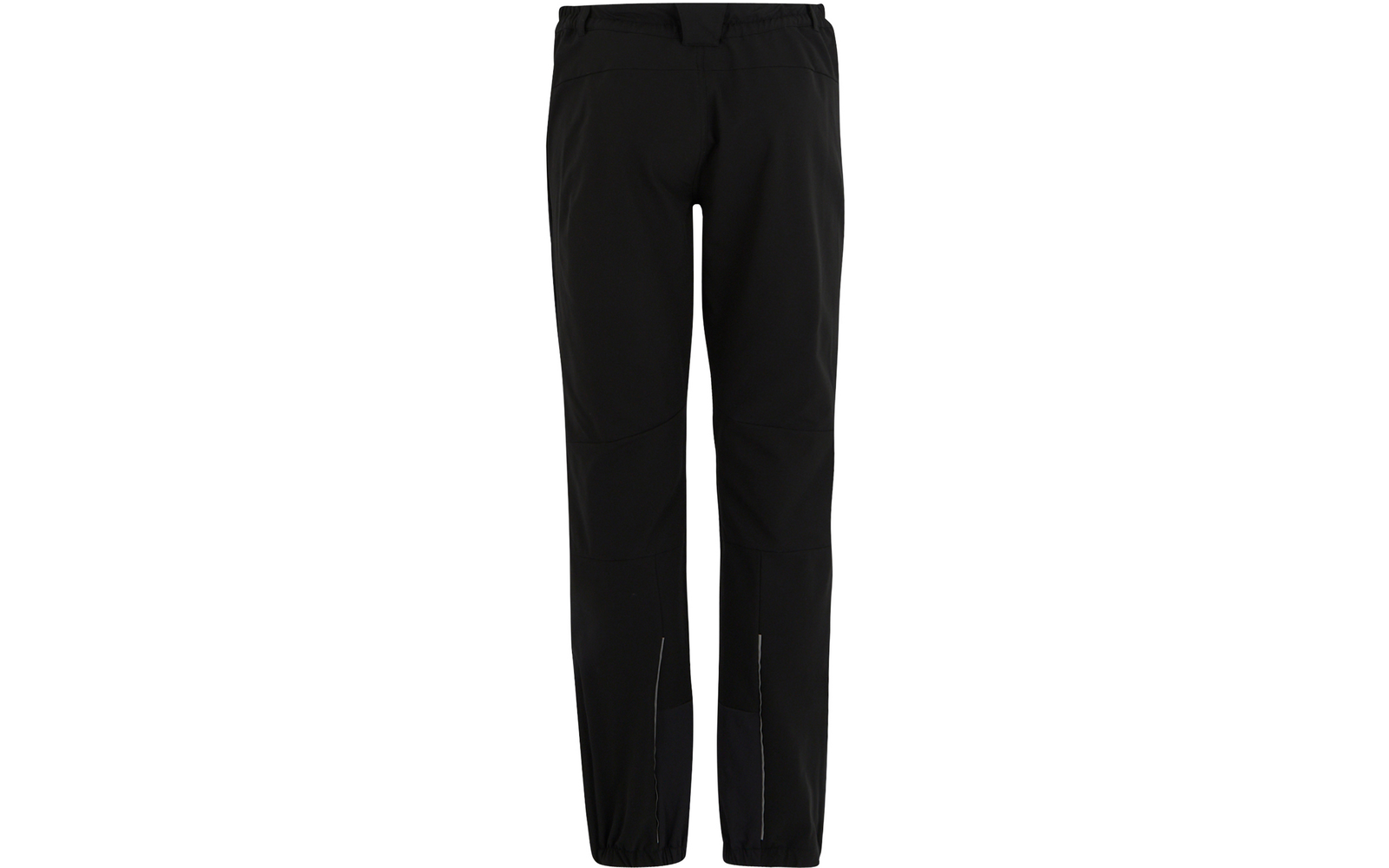 Schwarze lange Hose, Frontansicht, Taillenbund mit Gürtelschlaufen, schräge Eingrifftaschen, sichtbare Nähte über den Knien, elastische Säume mit je einer vertikalen hellen Streifen an den Knöcheln