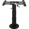 Schwarze Metallstütze mit rundem Sockel, zweiteiliger Säule und rechteckiger Aufnahmeplatte oben, zwei seitliche Hebel