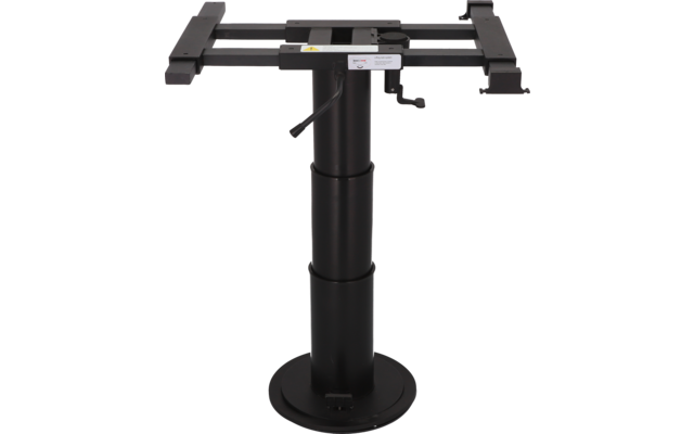 Schwarze Metallstütze mit rundem Sockel, zweiteiliger Säule und rechteckiger Aufnahmeplatte oben, zwei seitliche Hebel