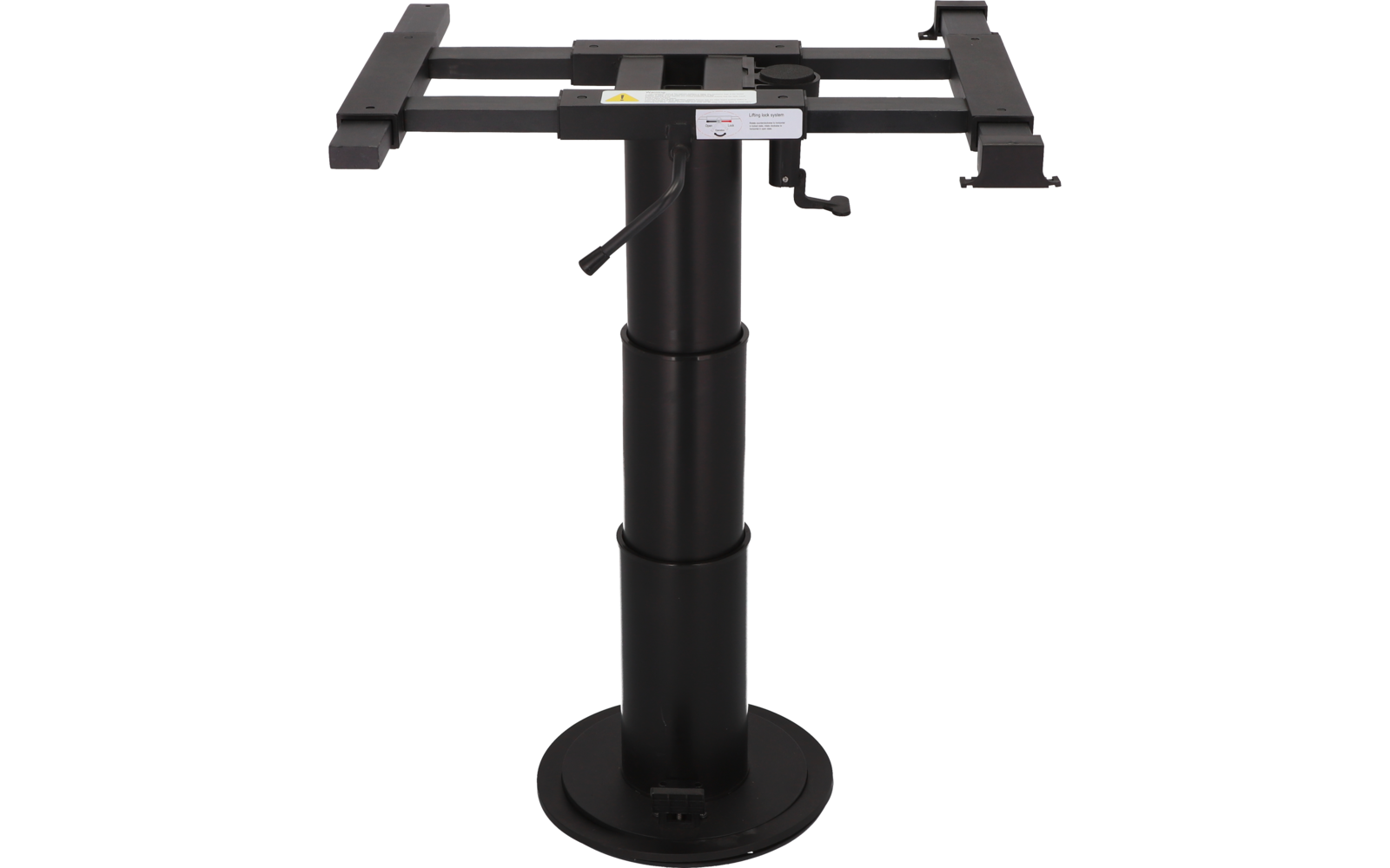 Schwarze Metallstütze mit rundem Sockel, zweiteiliger Säule und rechteckiger Aufnahmeplatte oben, zwei seitliche Hebel