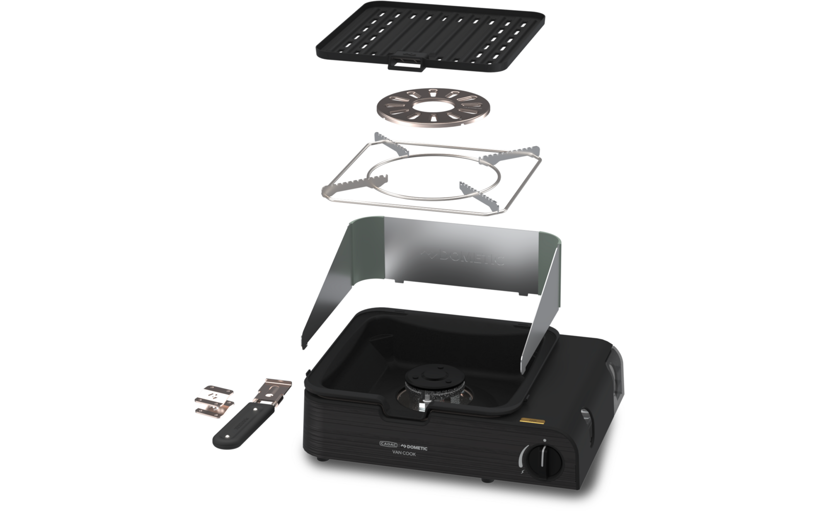Portabler Gaskocher mit auseinandergefügten Teilen: Unterbau mit Brenner und Drehknopf, gebogener Metallwindschutz, quadratisches Drahtgitter, runder Brennerring, geriffelte Grillplatte und zwei kleine Metallteile an der Seite