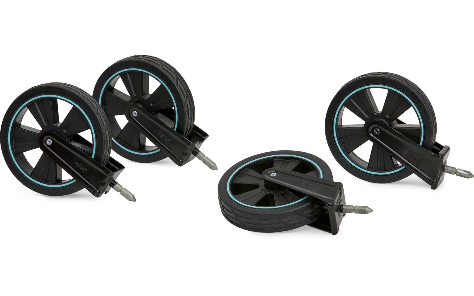 Vier schwarze Rollen mit Metallachsen, zwei davon nebeneinander liegend, zwei stehend