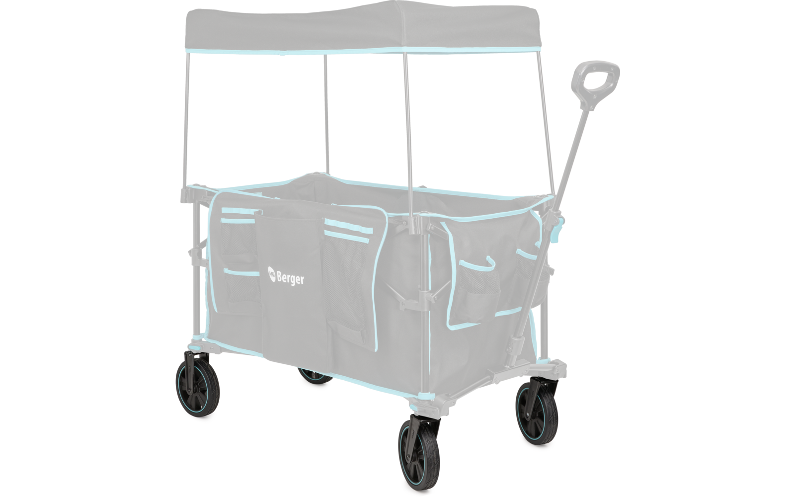 Gepolsterter Bollerwagen mit Verdeck und vier Rädern, langer Zuggriff und Seitentaschen