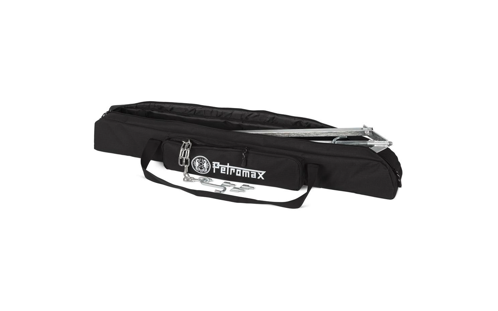 Schwarze, längliche Reißverschlusstasche mit Tragegriffen und weißem "Petromax"-Logo; mehrere silberne Metallstangen und Haken ragen heraus