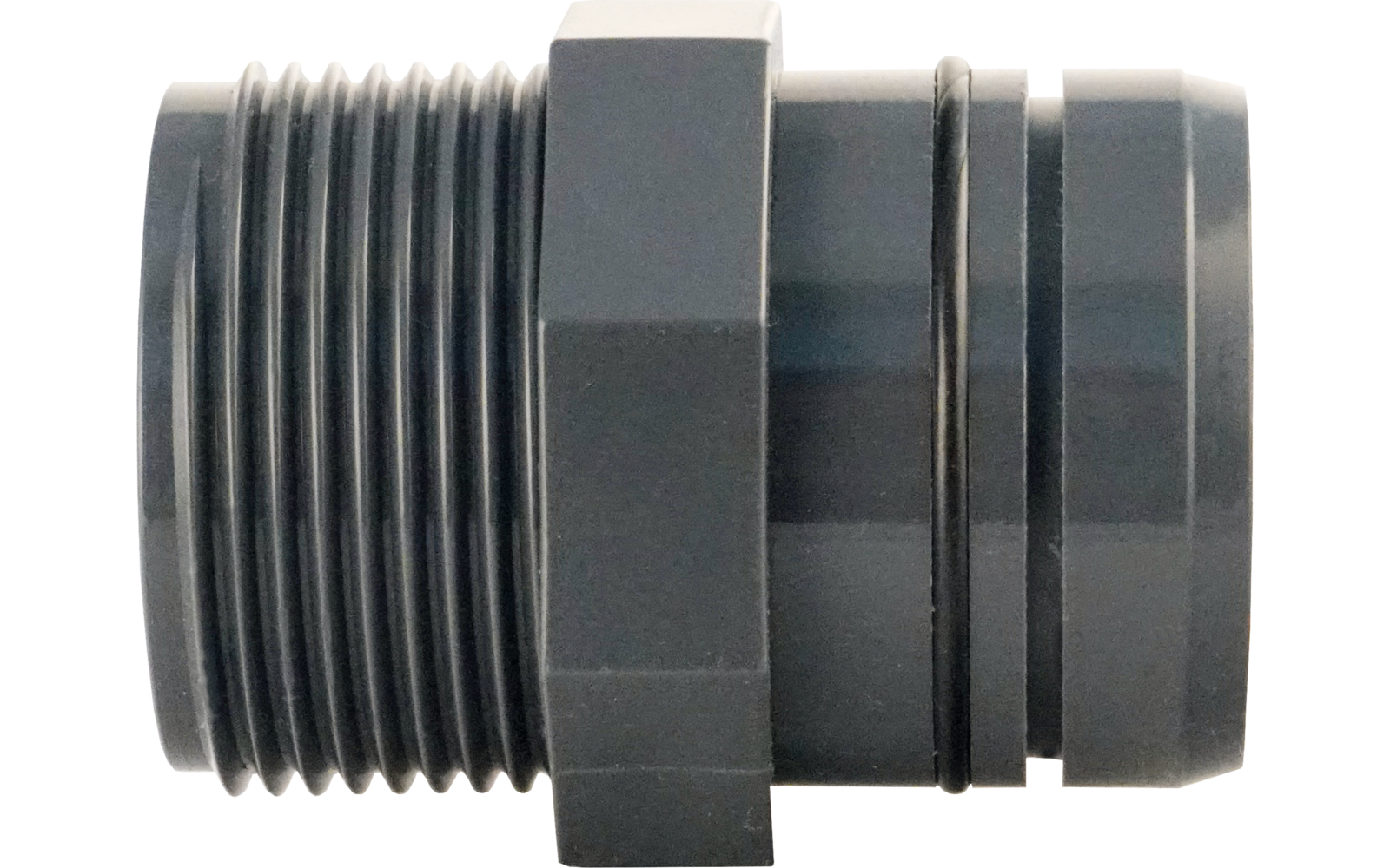 Graues Kunststoffteil, links außenliegende Schraubgewinde, mittlerer sechskantiger Abschnitt, rechts glatter zylindrischer Abschnitt mit zwei dunkleren Ringen