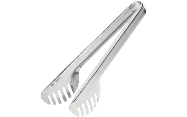Pince de cuisine en acier inoxydable avec longues poignées et extrémités en forme de cuillère fendue