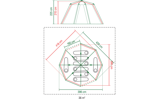 Technische Zeichnung eines sechseckigen Tisches mit Maßen in Zentimetern
